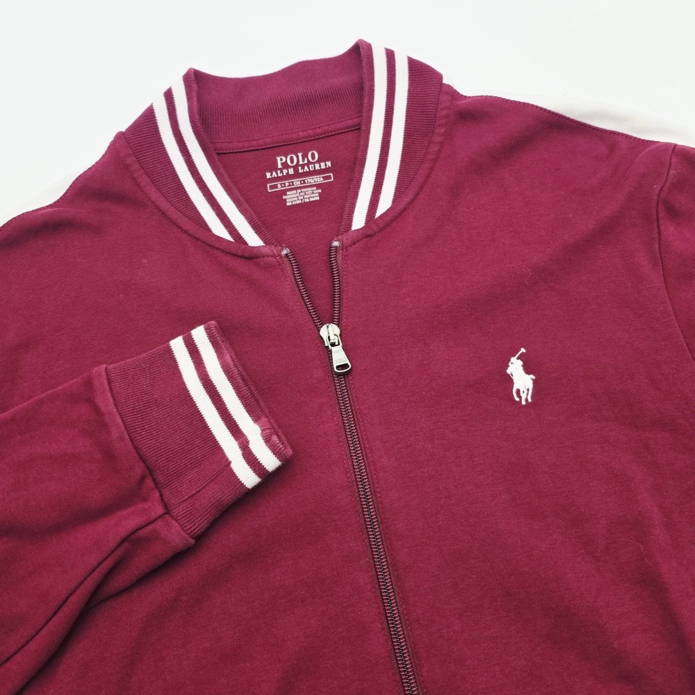 Polo Ralph Lauren Mens Track Jacket Small Burgundy Maroon White Stripe Full Zip